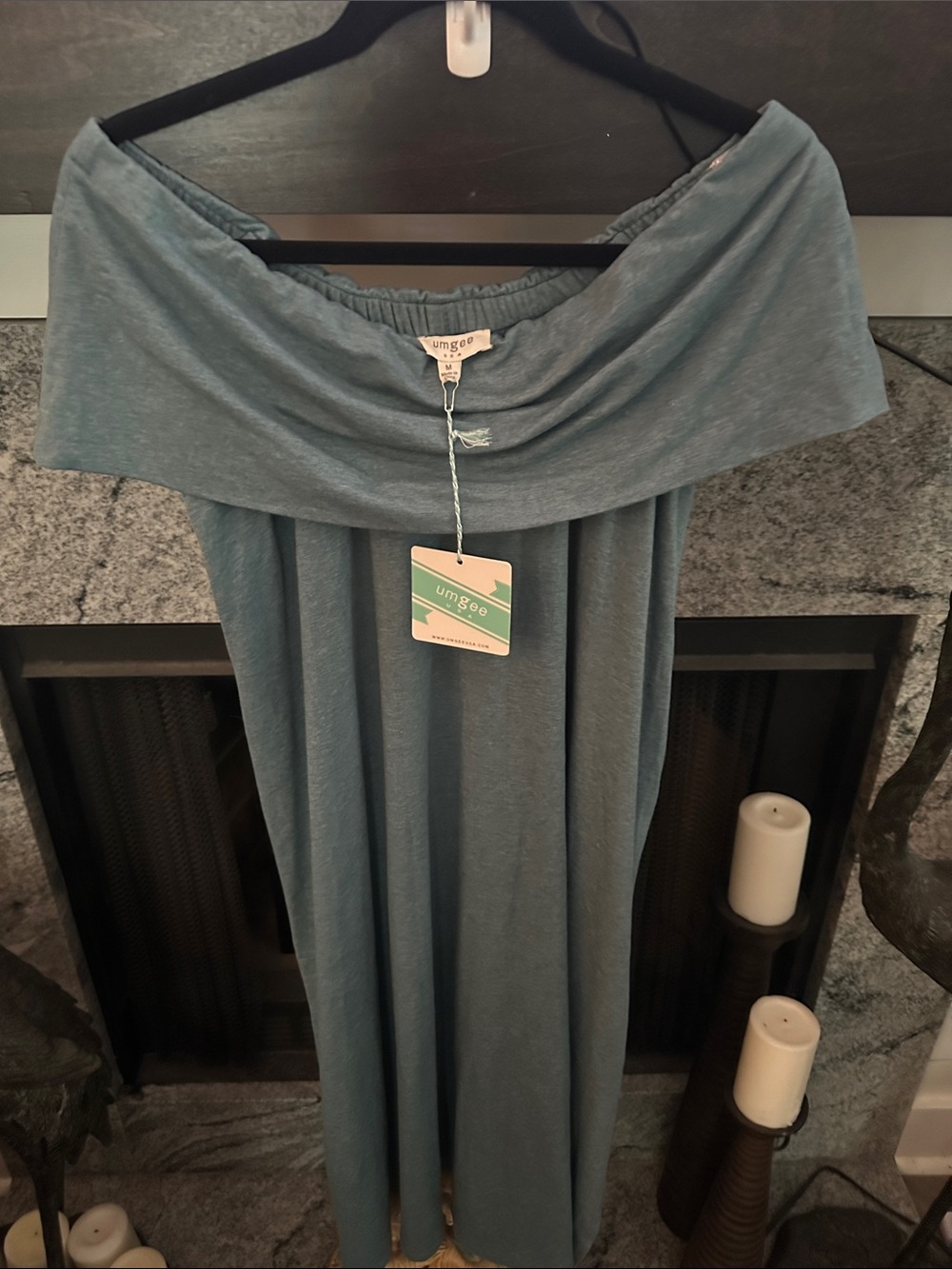 Umgee soft Off the Shoulder Mid Calf Dress in Slate Blue